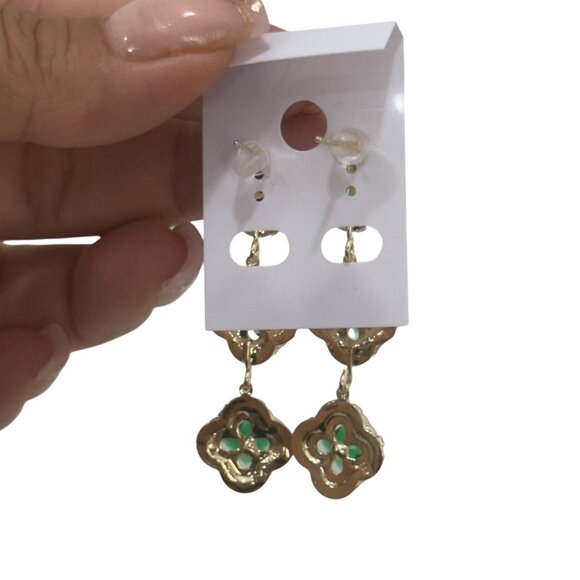 NEW Gold Filled Emerald Green Rinestones & Gold Square Drop Earrings - Picture 4 of 6